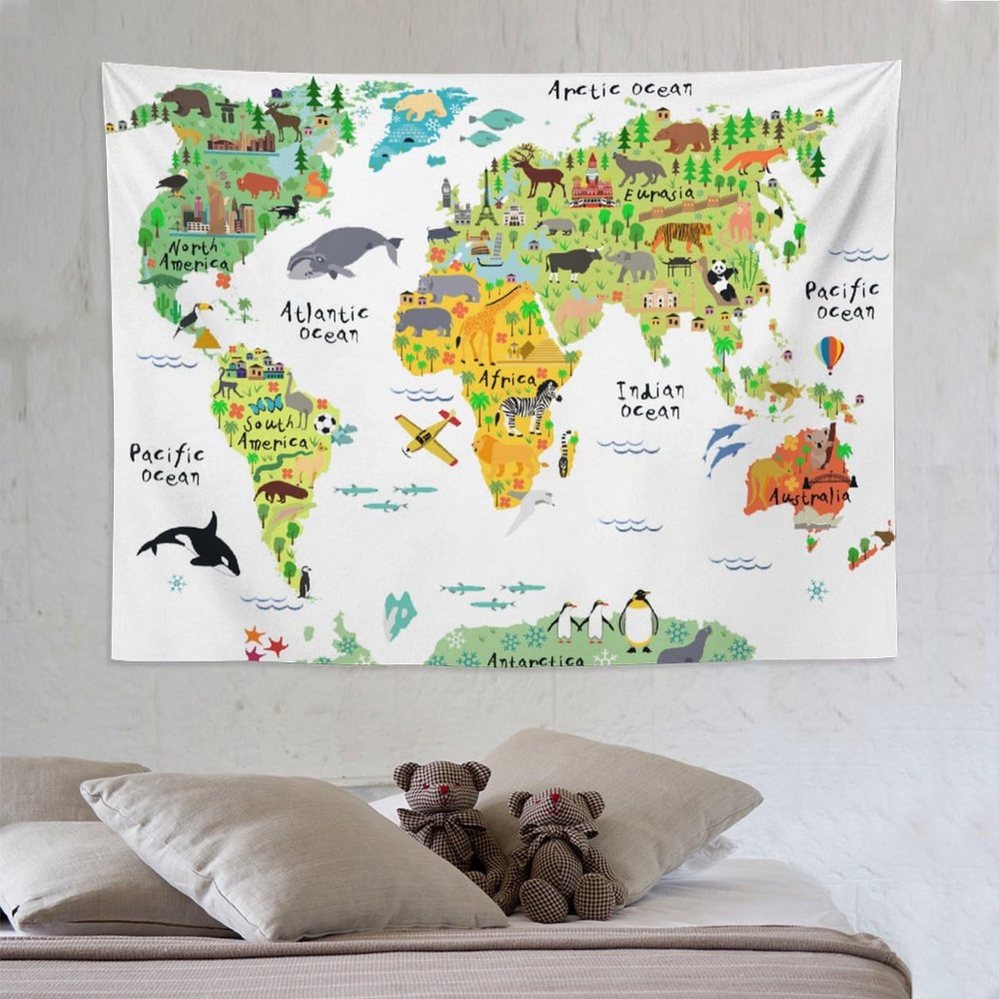 DDCBNS Kids World Map Tapestry, Cartoon Animal Map for Boys & Girls, Fun Educational Wall Hanging for Study, Classroom, Bedroom, Living Room - 80" x 60"