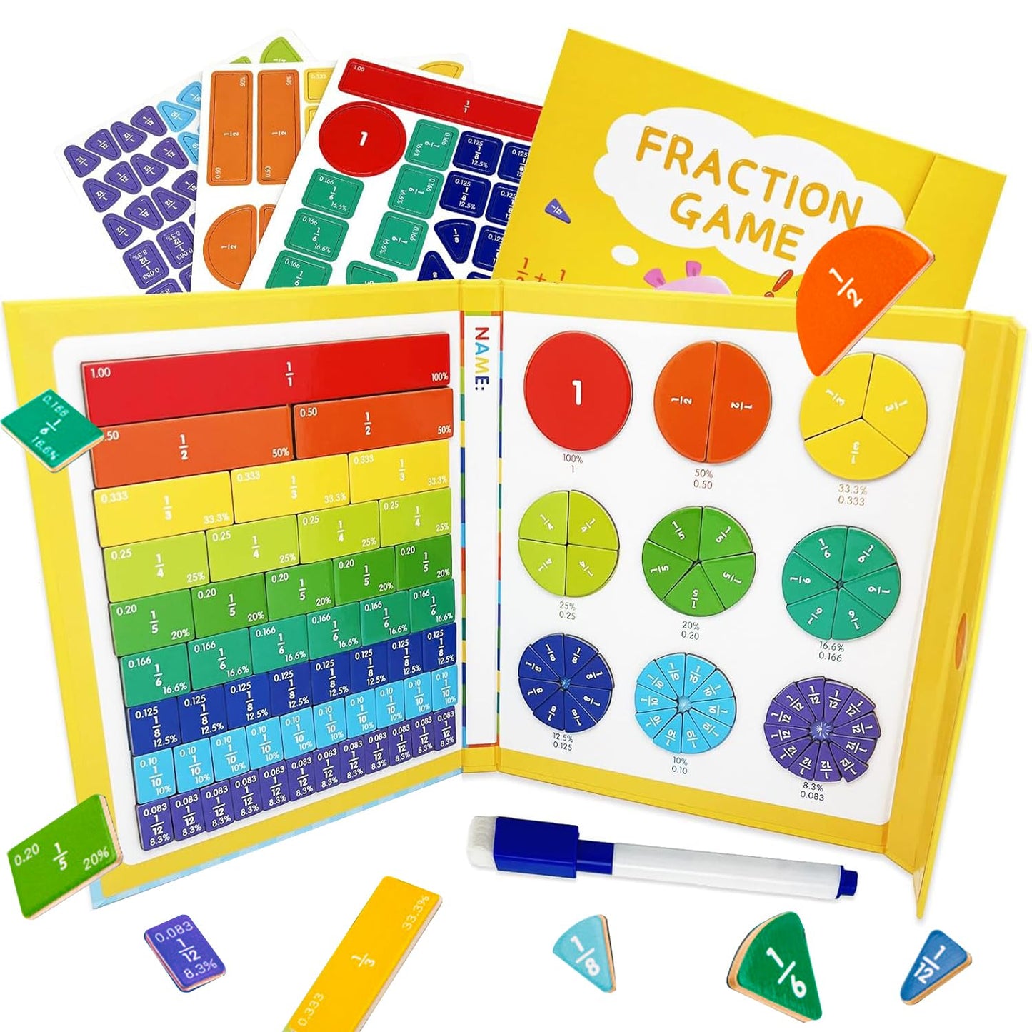 Magnetic Fraction Educational Puzzle for Kids, New Magnetic Fraction Tiles & Fraction Circles, Math Manipulatives Enhance Early Primary School Students Mathematical Skills(Hippo Style)