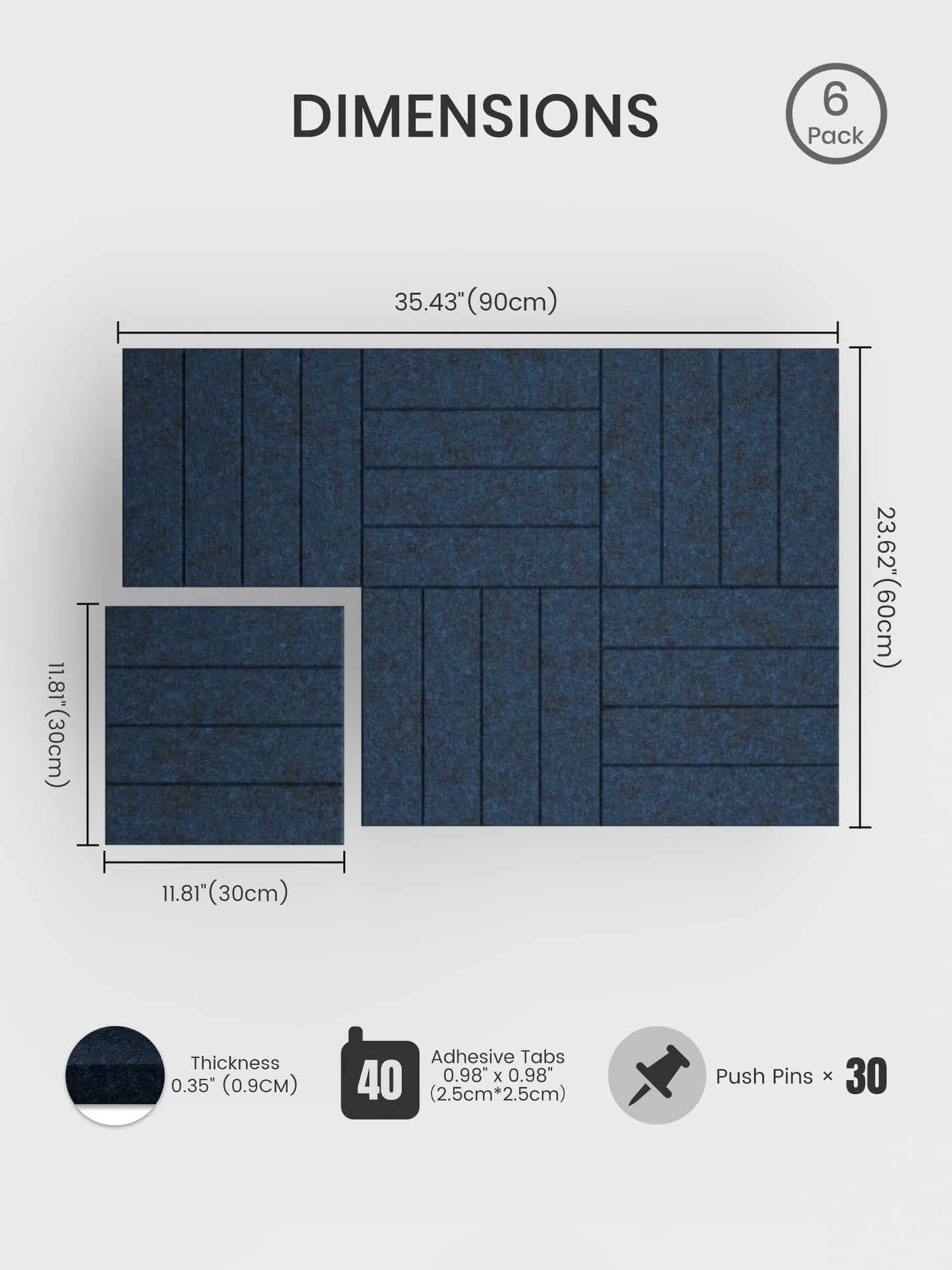 Bumusty Large Cork Board Alternative-36 x 24" Felt Bulletin Board Tiles, with 30 Pushpins, 40 Adhesive Tabs, Bold-Stripe 6-Pack, Cork Boards for Office Push Pin Board Felt Board-Carbon Blue