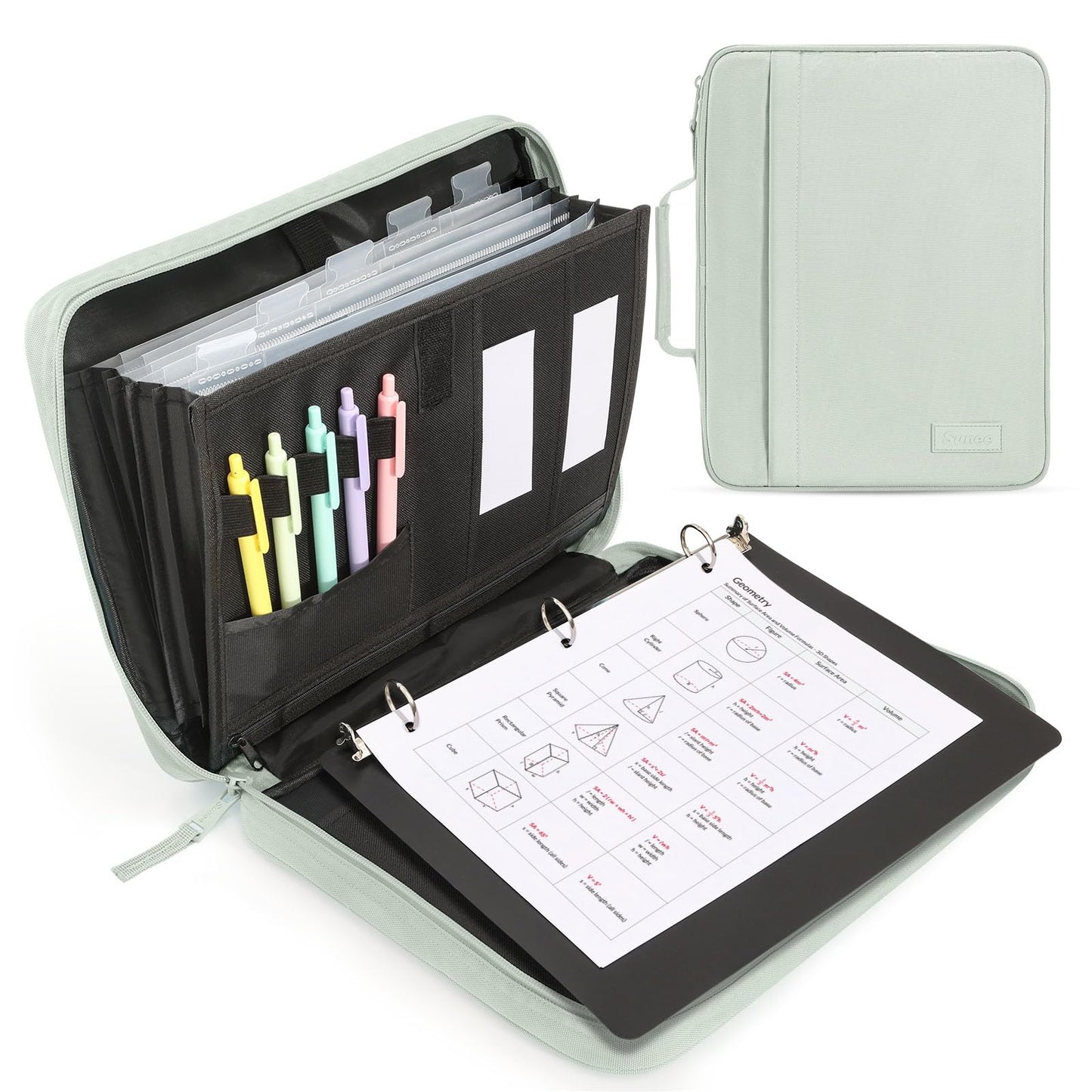 SUNEE Zipper Binder 1 Inch, Removable 3-Ring Binder, 175-Sheet Capacity, 5-Tab Dividers Expanding File Folder, Small Binder Bag Organizer Storage for Student, Sage Green