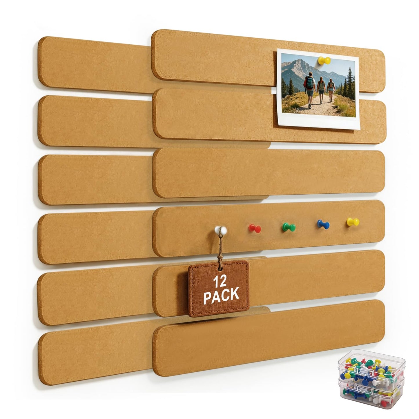 Fushing Cork Boards Felt Bulletin Boards, 13"x2" Pin Boards with Push Pins, Self-Adhesive, No-Drill Wall Mount Pin Boards for Classroom, Office, Home, Dorm, Bedroom Door (12)