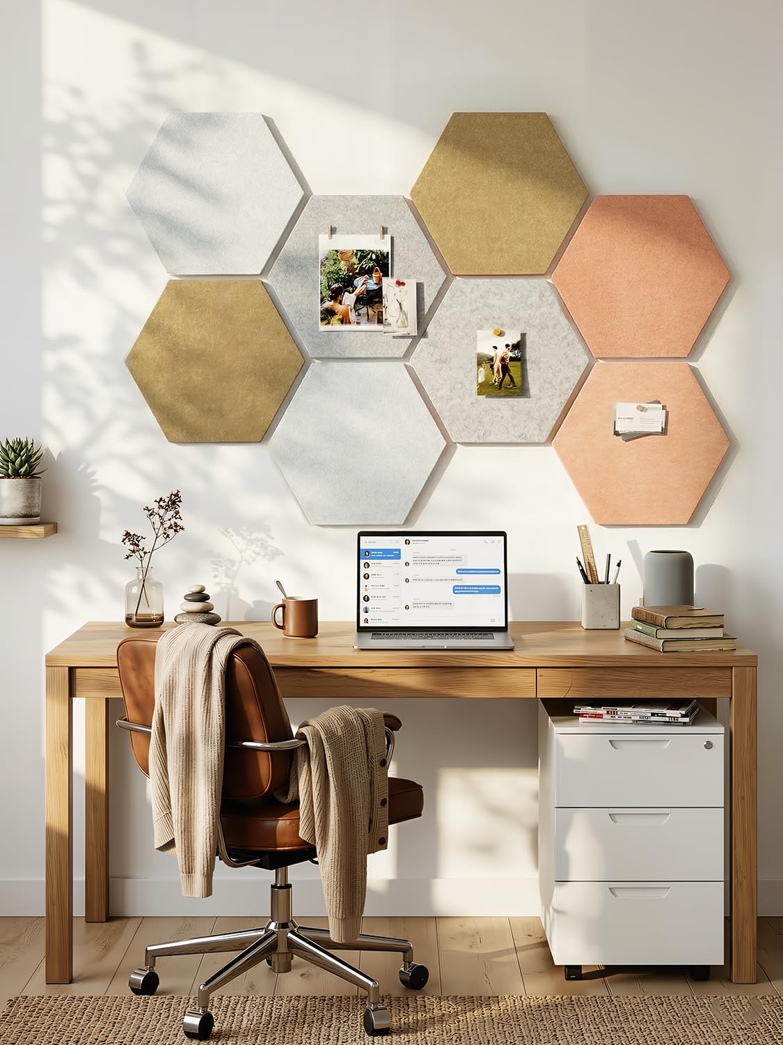 Uoisaiko 8 Pack Hexagon Felt Bulletin Board Tiles - 12" Large Thick Pin Board for Walls with 30 Push Pins, DIY Boards for Office Home School Decor, Aesthetic Hex Cork Board Alternative