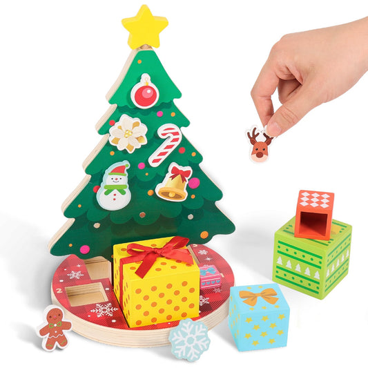 Woodtoe Magnetic Christmas Tree Toy for Toddlers, Montessori Toys for 3 4 5 6 Year Old, Wooden Color Sorting & Stacking Toys, Fine Motor Skills Sensory Toys, Christmas Decorations STEM Gifts for Kids