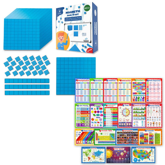 19 Educational Posters for Kids & 131 PCS Magnetic Base Ten Blocks