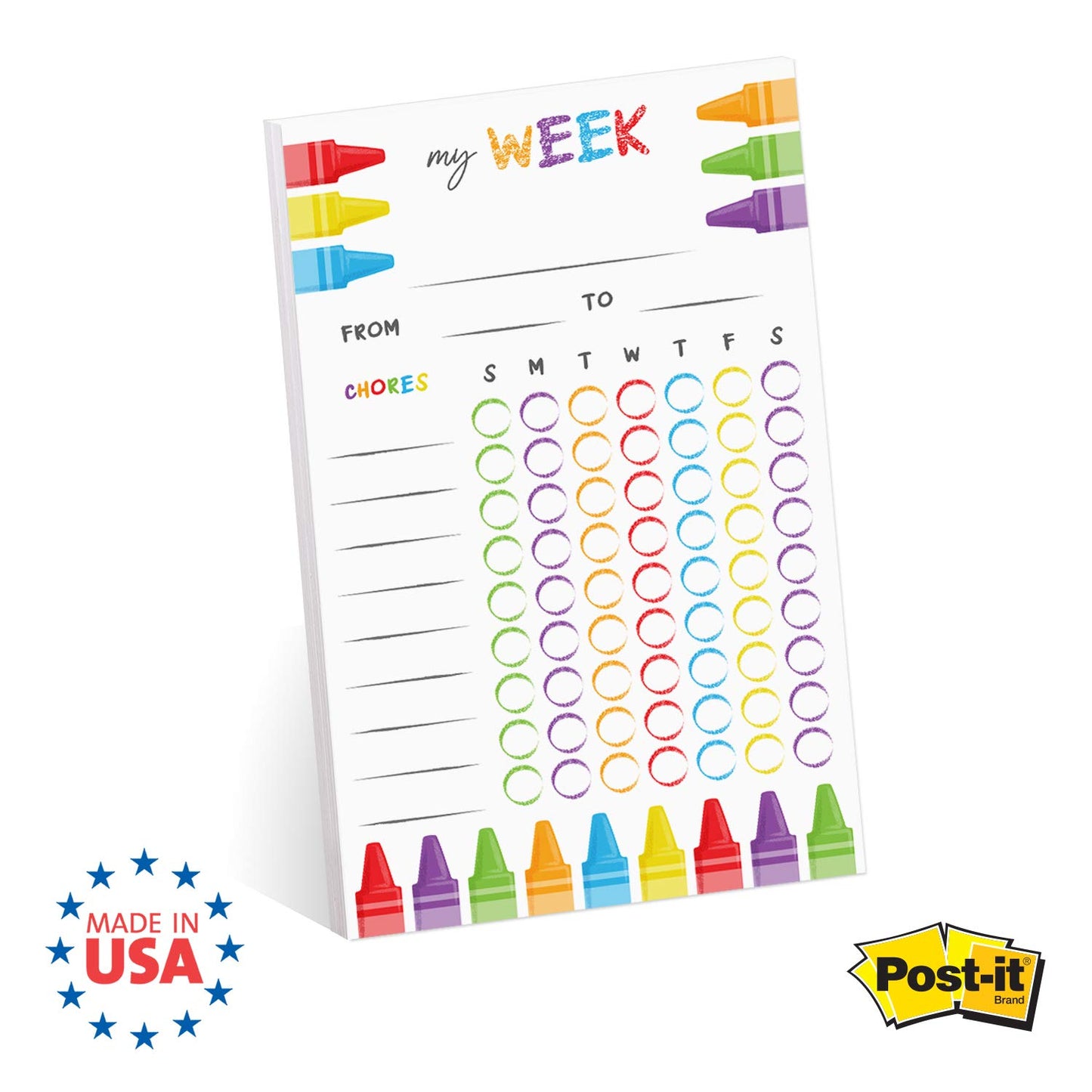 Cheerful Crayon Design Weekly Chore Chart / 6" x 10" Sticky Note Fill in Task List/Fun Week Assignment List
