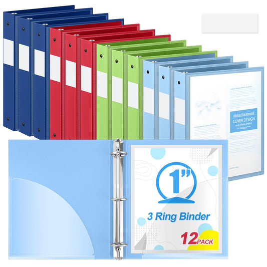 Henoyso 1 Inch 12 Pcs 3 Ring Flexible Colored Binders with Clear Front Cover and 2 Pockets, 8.5 x 11 Plastic Soft Bendable Binders Colorful for School Office, Hold 350 Sheets (Fresh Color)