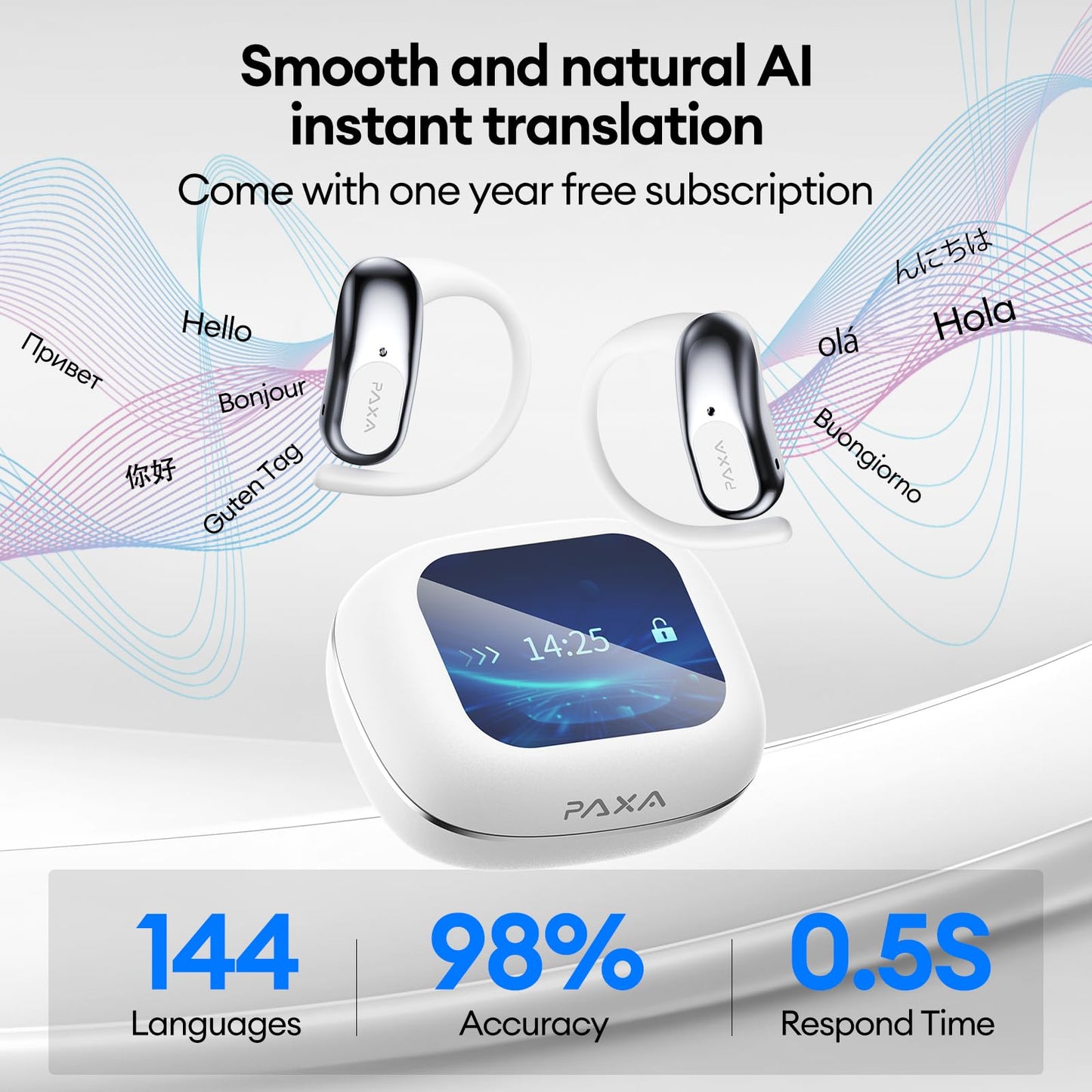 PAXA Ai Translator Earbuds 3-in-1 Two-Way Translation Earbuds Real Time Wireless Bluetooth 5.4 Headphones Translator with Touch Screen Housing for Foreign Travel/Learning/Business Openairultra,White