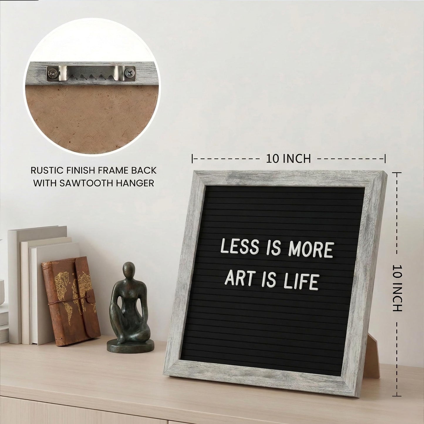 C CRYSTAL LEMON Felt Letter Board 10x10 Inches – 336 Letters, Numbers & Symbols – Rustic Black Message Board with Wood Frame, Wall Mount & Display Stand