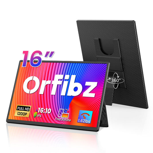 Orfibz Portable Monitor, 16" 1200P FHD Laptop Screen Extender, Detachable Horizontal/Vertical Monitor, Plug & Play Dual Travel Monitor Build-in Speaker for Laptop/Mac/Windows