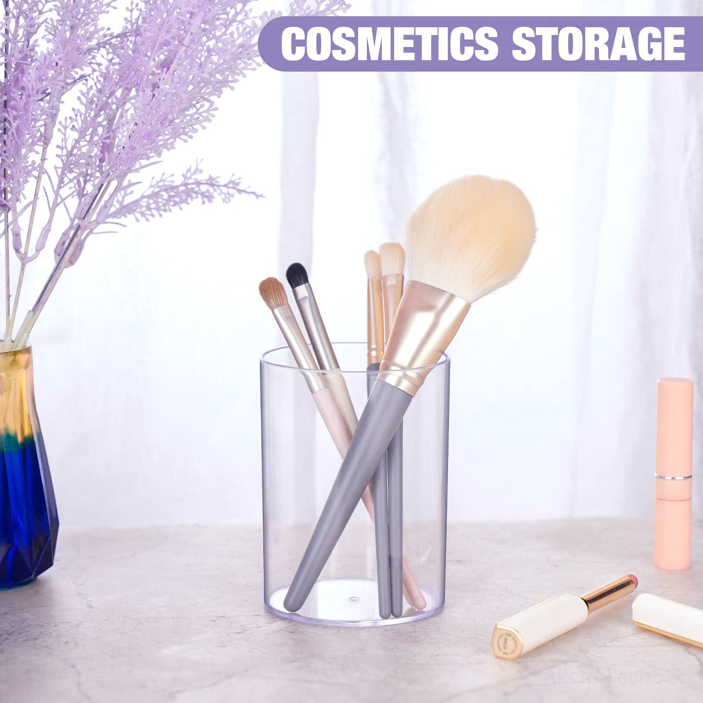 NiOffice Clear Acrylic Desk Organizer Set - 9 Pack Pen Pencil Holder, Stylish Round Makeup Brush and Stationery Storage Container, Ideal for Home, School and Office Supplies