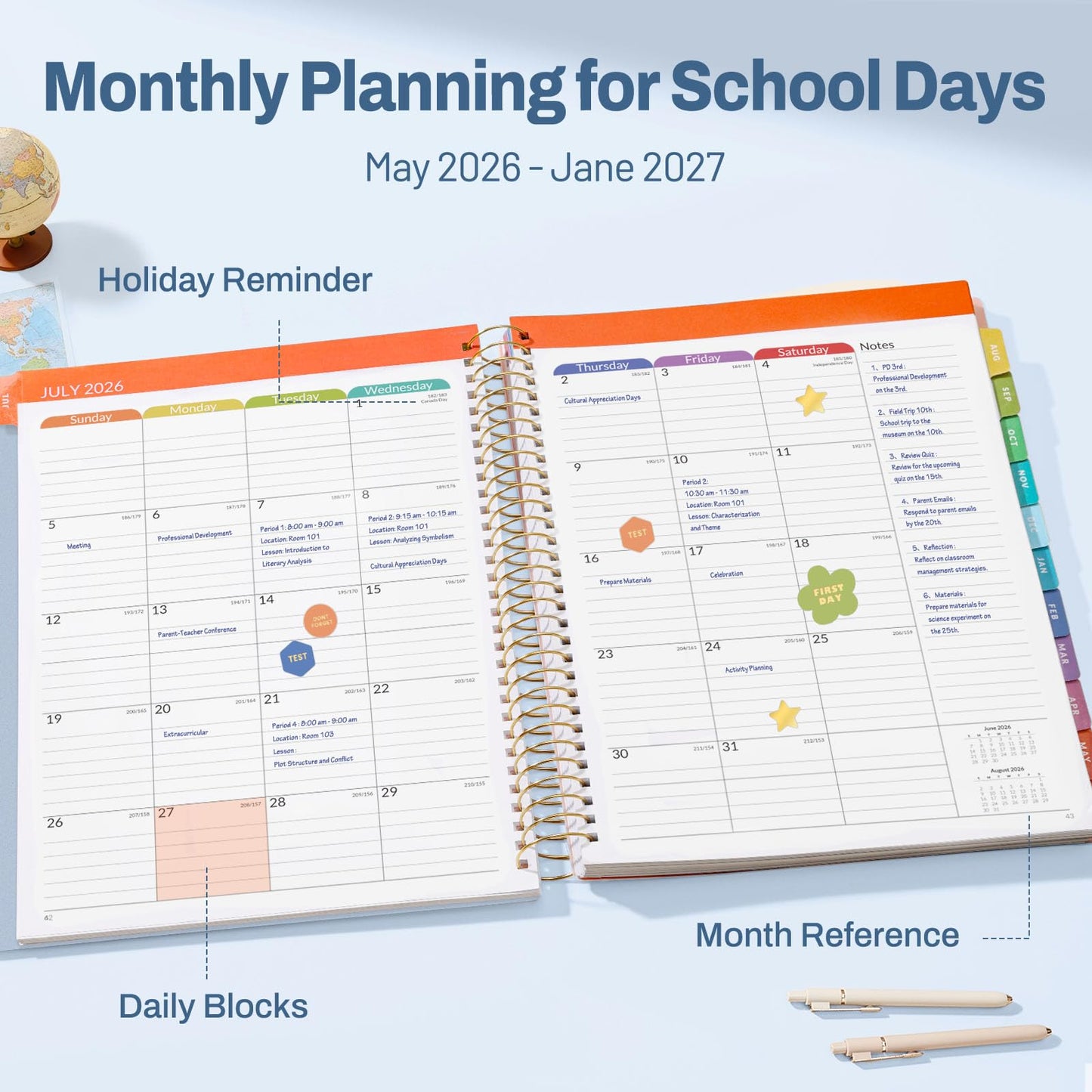 SUNEE Deluxe Teacher Planner 2026-2027, Lesson Planner Book with 7 Periods Jul 2026 - Jun 2027, 8.5" x 11" Daily Weekly and Monthly Organizers with Colorful Tabs, Planning Stickers,120gms Paper, Blue