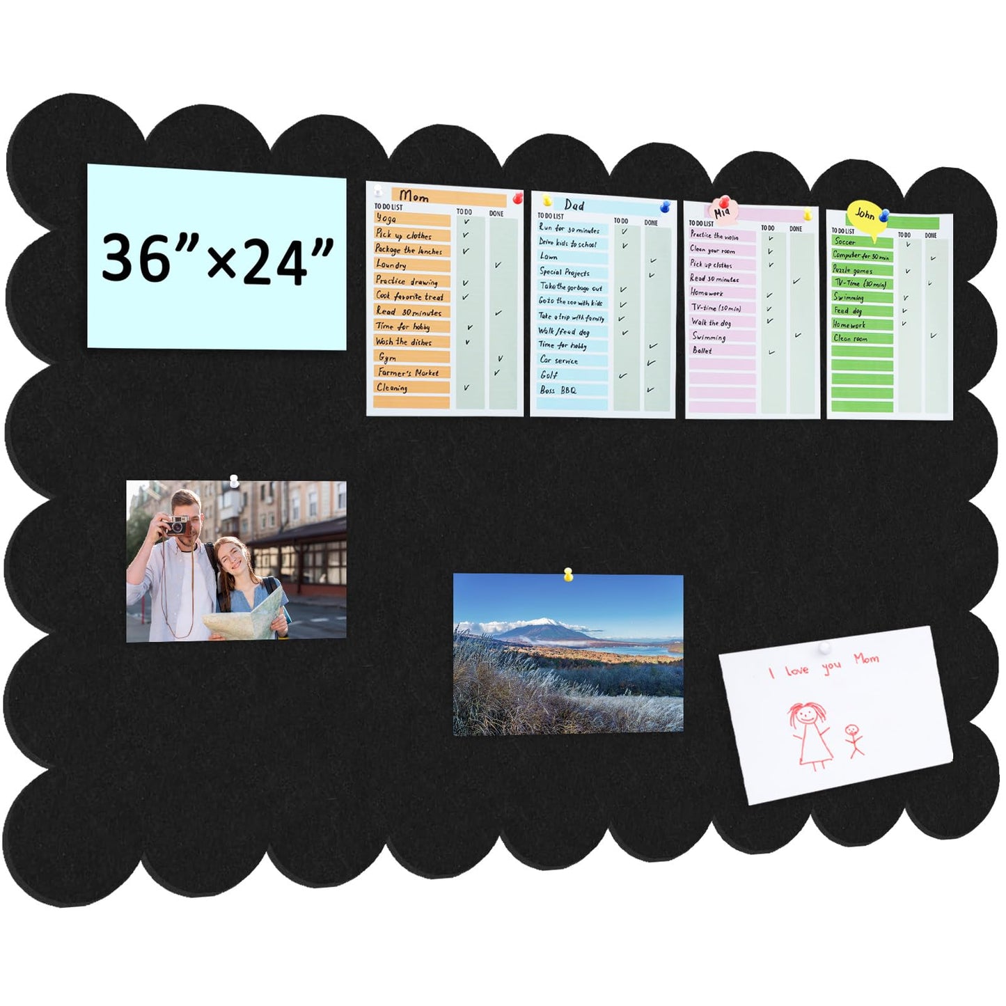 Black Scalloped Felt Bulletin Board - 36 x 24 Inches Large Felt Board Foldable Cork Board Alternative Photo Board Self-Adhesive Vision Board Decorative Pin Board for Wall