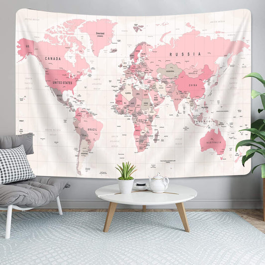 Pink World Map Tapestry, Map of World Vintage Topography Educational Tapestries Posters for College Kids Student Dorm Wall Art, Geographical Travel Map Tapestry for Girl Bedroom Nursery Decor, 80X60in