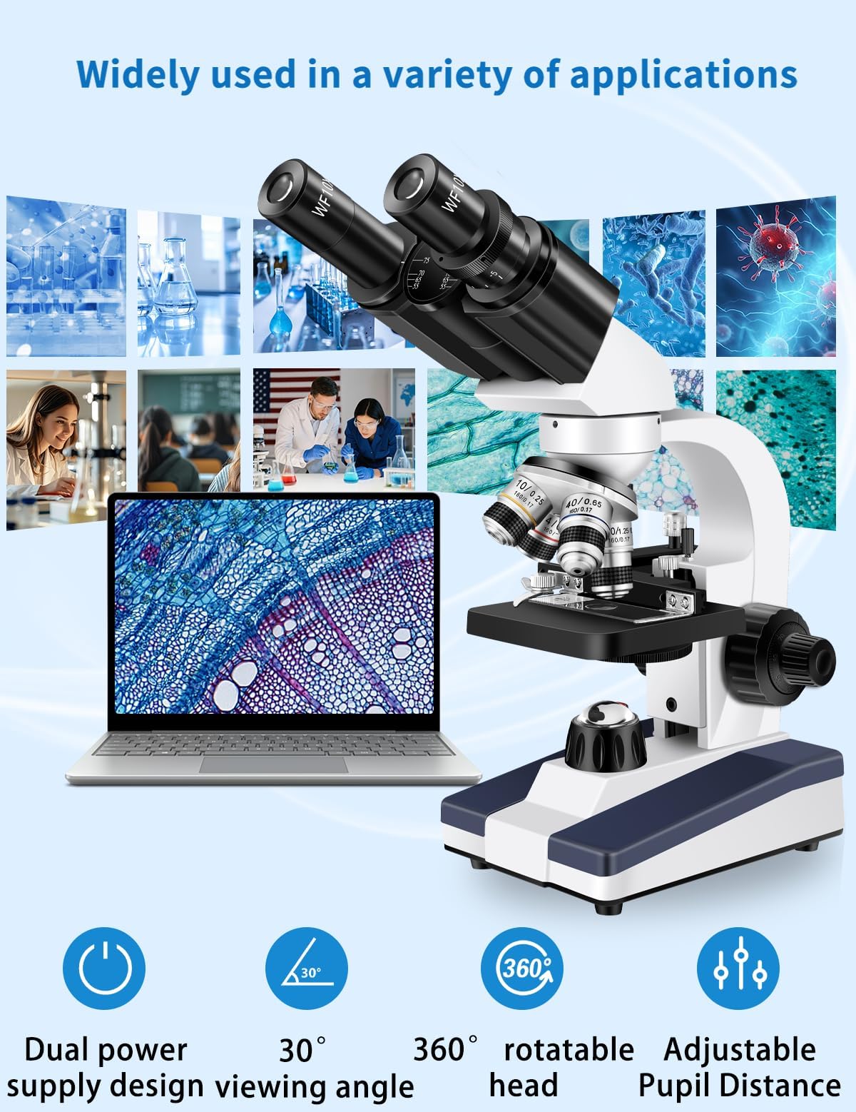 Microscope for Adults WF10x and WF25x eyepieces Compound Microscope with Microscope Slides, Microscope Kit for Kids Students Home School