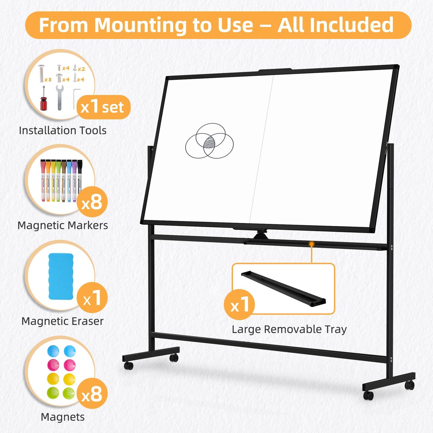 WALGLASS Rolling Dry Erase Whiteboard, 48"x36" Double-Sided White Board on Wheels, Large Portable White Board with Stand, Black Mobile Standing Whiteboards for Office, Home, School 4x3 ft