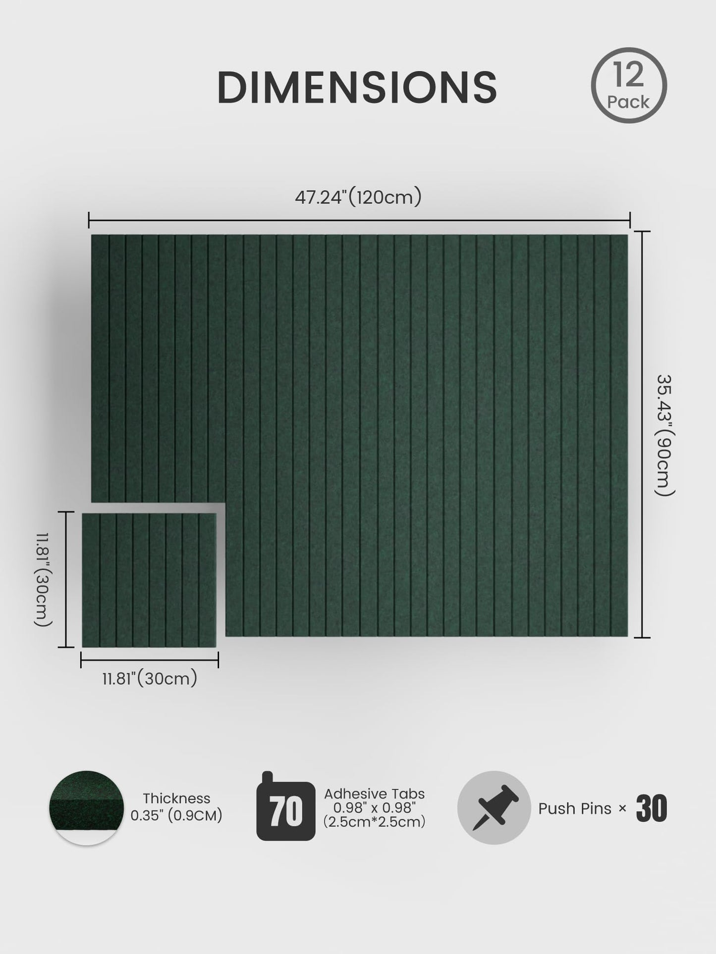 Bumusty Large Cork Board Alternative-48 x 36" Felt Bulletin Board Tiles, with 30 Pushpins, 70 Adhesive Tabs, Fine-Stripe 12-Pack, Cork Boards for Office Push Pin Board Felt Board-Pine Green