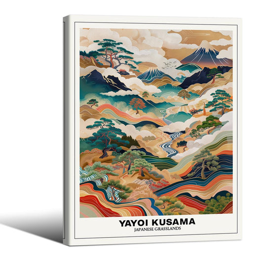 Vintage Yayoi Kusama Grasslands Posters Japanese Wall Art Yayoi Kusama Abstract Landscape Canvas Print for Stylish Room Bedroom Living Room Gallery Decor 12x16in Framed
