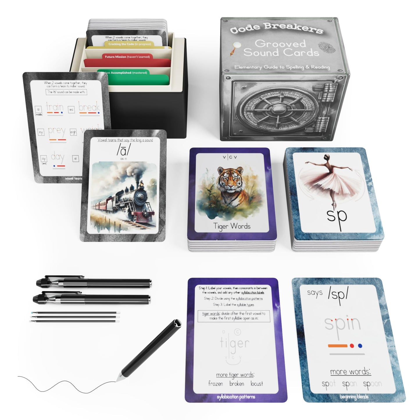 Phonics & Vowel Teams Flashcards with Magic Pens – 180 Reusable Sound Cards with Grooves for Spelling & Reading – Multisensory Learning Tool, Homeschool & Classrooms