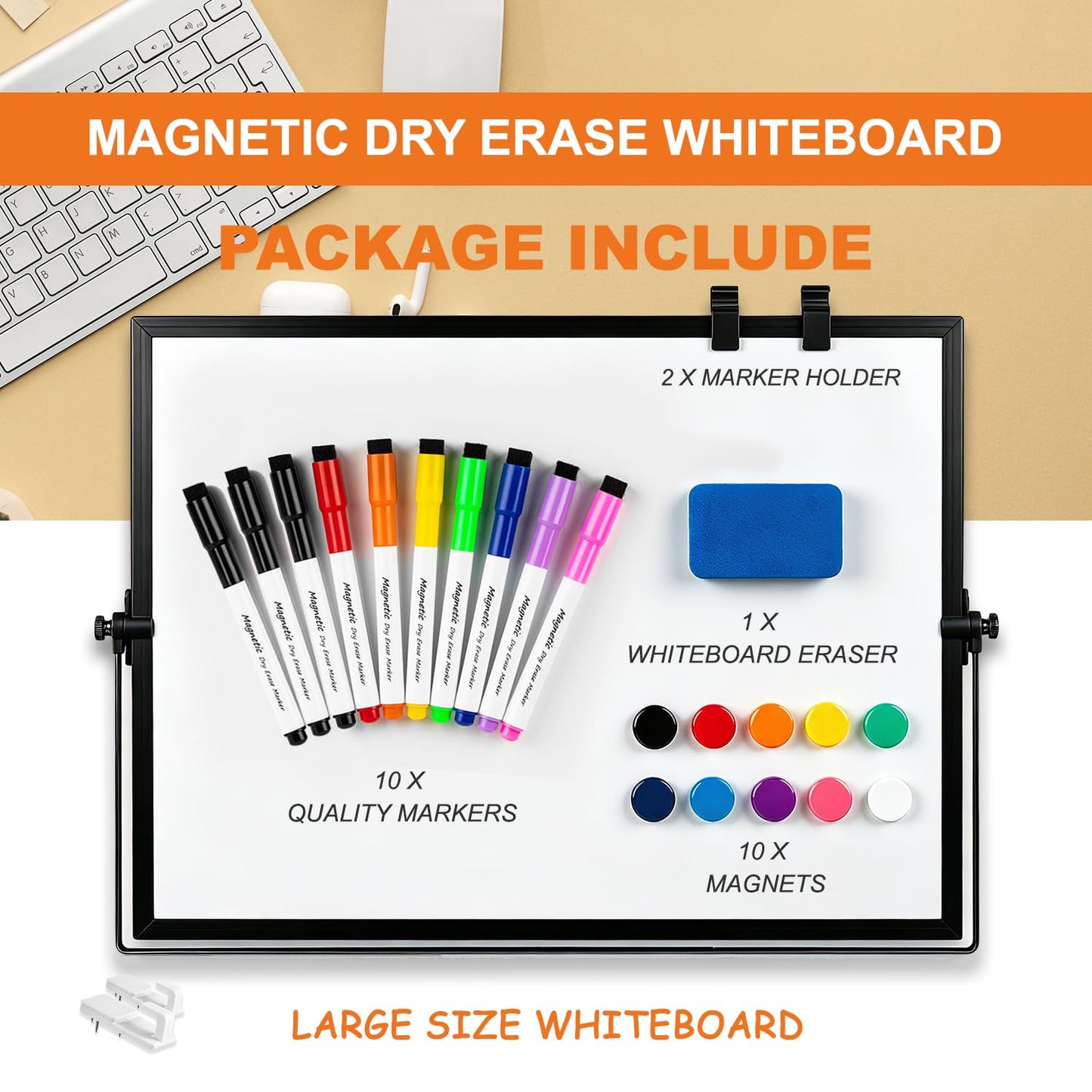 Dry Erase WhiteBoard, Aisuoker 16 x 12inch Magnetic Desktop Whiteboard with Stand, 10 Markers, 10 Magnets and 1 Eraser, Portable Double-Sided White Board for Kid Drawing Memo to Do and List Wall-Black