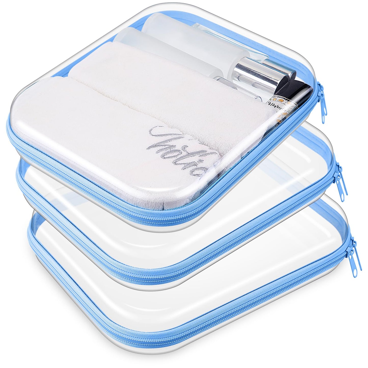 Hoolerry 3 Pcs Clear Hard Zipper Case Hard Plastic Zipper Pouch Makeup Bag Portable Travel Organizer for Cosmetics, Office Supplies, Documents & Toiletries(Blue,M)
