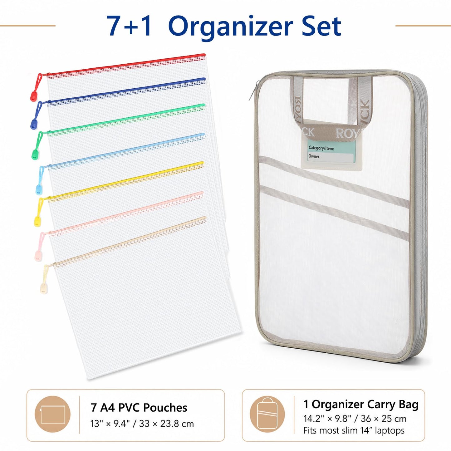 ROYPACK 7 Pack PVC Mesh Zipper Pouch Set with 1 Organizer Bag A4/Letter Size Translucent File Bags Water-Resistant Plastic Document Pouches for Office College School & Travel Supplies (8pcs)