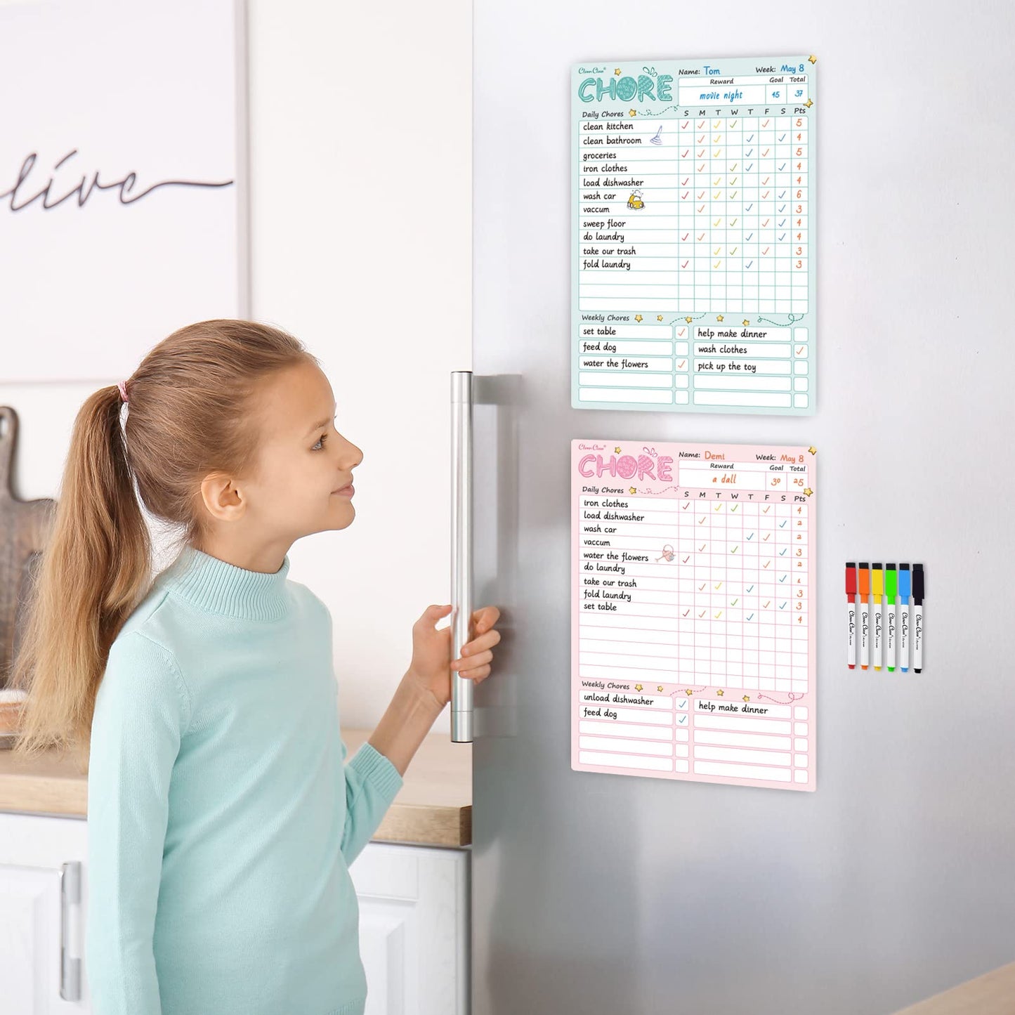Magnetic Dry Erase Chore Chart - 8.5"x12" Behavior Responsibility Chore Board for Kids, Teenagers - 6 Extra Fine Point Markers Included - Shipped Flat 2 Pcs Blue & Pink