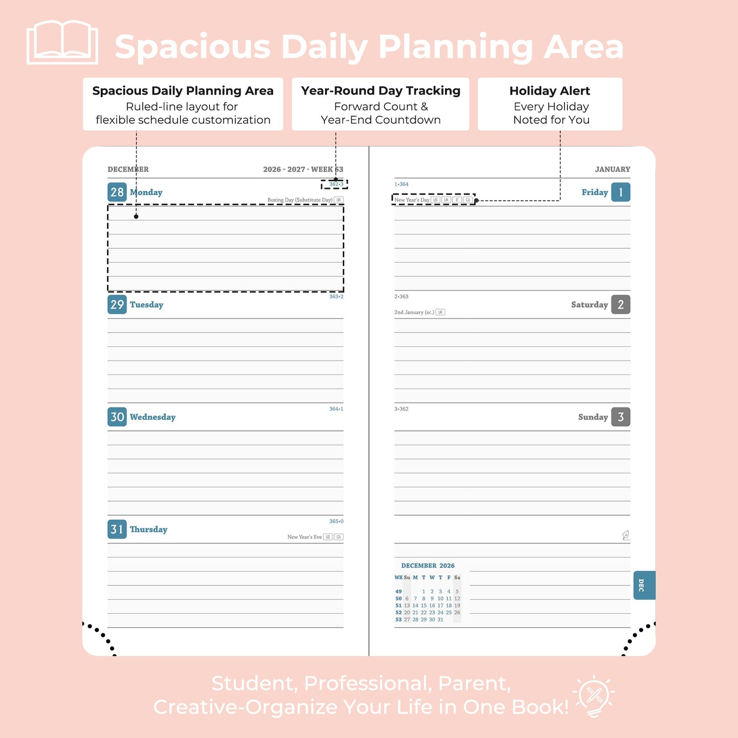 IN-LUXPRO Planner 2026-2027 Daily Weekly and Monthly,6.5"x3.75",18 Months Spiral Bound Calendar Agenda with Self-adhesive Pen Holder,2026 Academic Plan with Vegan Leather Soft Cover,Pink