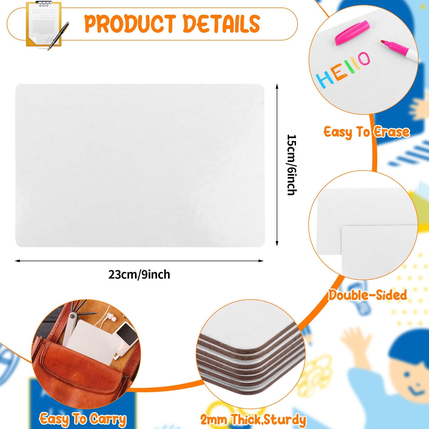 Set of 50 Small White Board Dry Erase Boards Classroom Pack Mini White Boards 9" x6” Double Sided Personal Whiteboards for Students Teachers School Office Supplies Lapboards