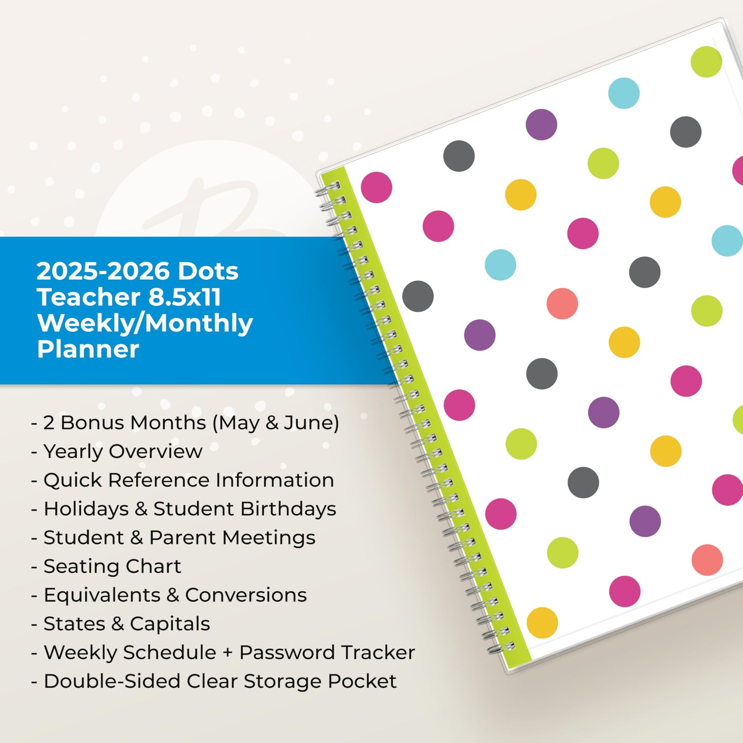Blue Sky 2025-2026 Weekly and Monthly Academic Year Teacher Lesson Planner Calendar, July 2025 - June 2026, 8.5" x 11", Flexible Cover, Wirebound, Laminated Tabs, Storage Pocket, Dots