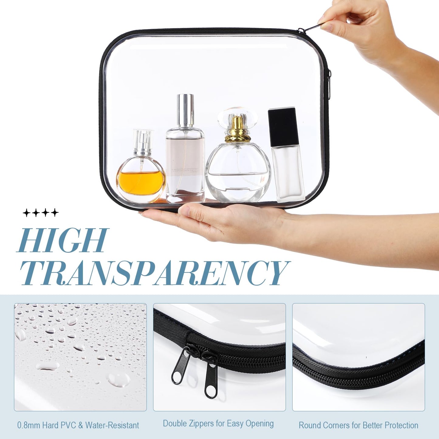 Hoolerry 3 Pcs Clear Hard Zipper Case Hard Plastic Zipper Pouch Makeup Bag Portable Travel Organizer for Cosmetics, Office Supplies, Documents & Toiletries(Black,M)