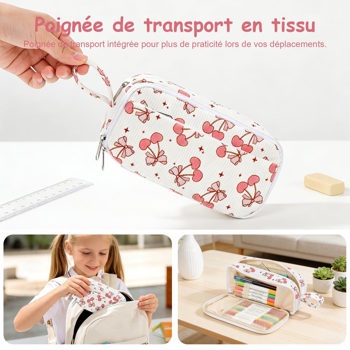 BuyCard Large Capacity Pencil Case, White With Pink Cherry Pattern, Corduroy Pencil Bag with Zipper Closure, Graduation Gift Office Stationery Storage Pen Pouch for Classroom Teacher