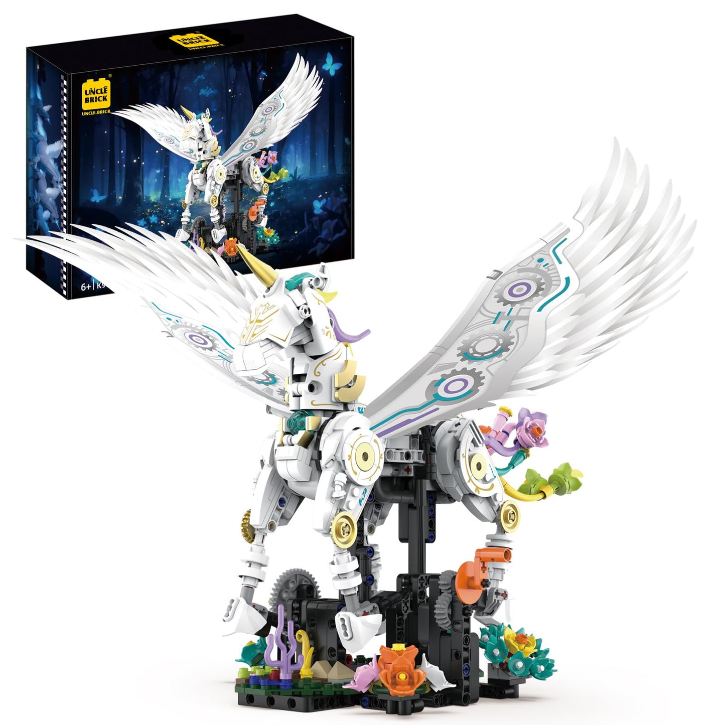 UNCLE BRICK Magical Unicorn Building Blocks Set with Crank‑Handle Motion, Poseable Legs & Wings, Flower Base, Creative STEM Construction Toy for Girls 8-12, Kids & Teens, Unicorn Sets Compatible