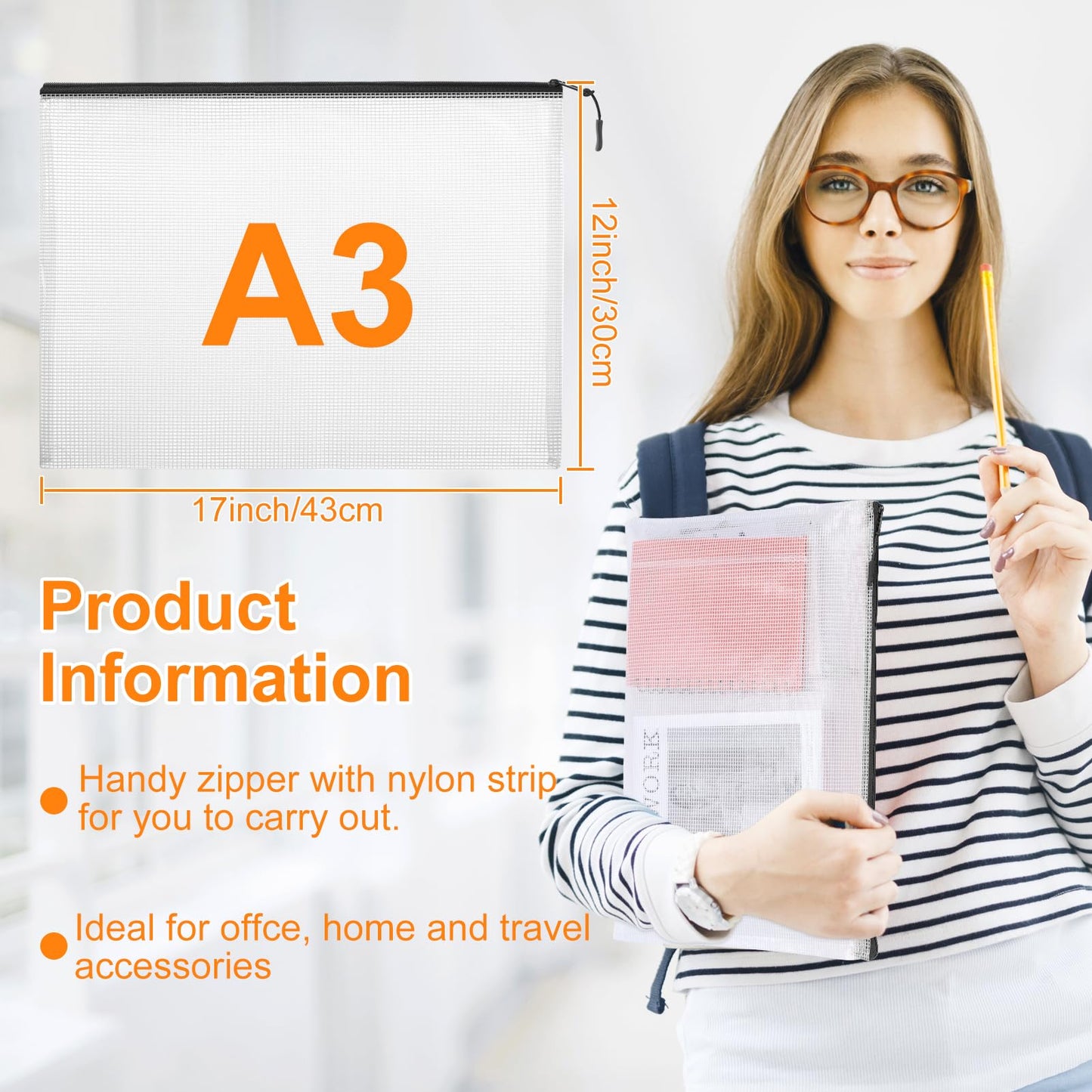 YOPCDJ 24pcs Mesh Zipper Pouch Bags A4 Mesh Bags for Classroom Organization, Waterproof Document Zipper Pouches for Cosmetics, Travel Storage File Bags for Office Supplie (Black-A3-20PCS)