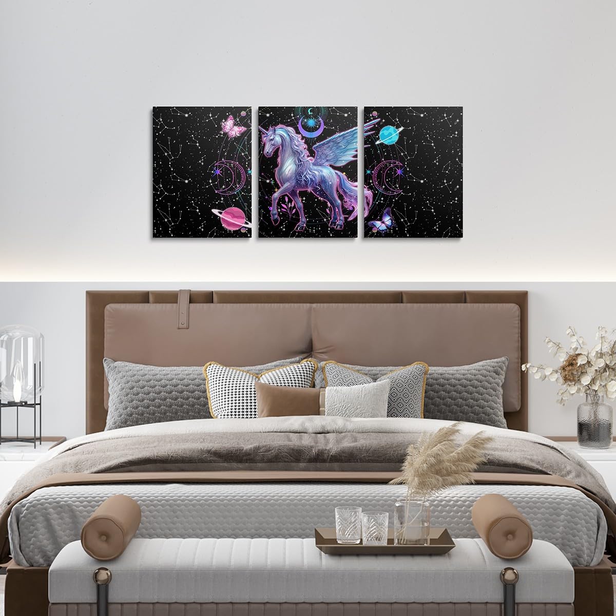 Feelyou Galaxy Unicorn 3 Piece Canvas Wall Art for Living Room Bedroom Solar System Wall Art for Home Decor Moon Star Office Wall Decor Space Outer Sky Wall Painting