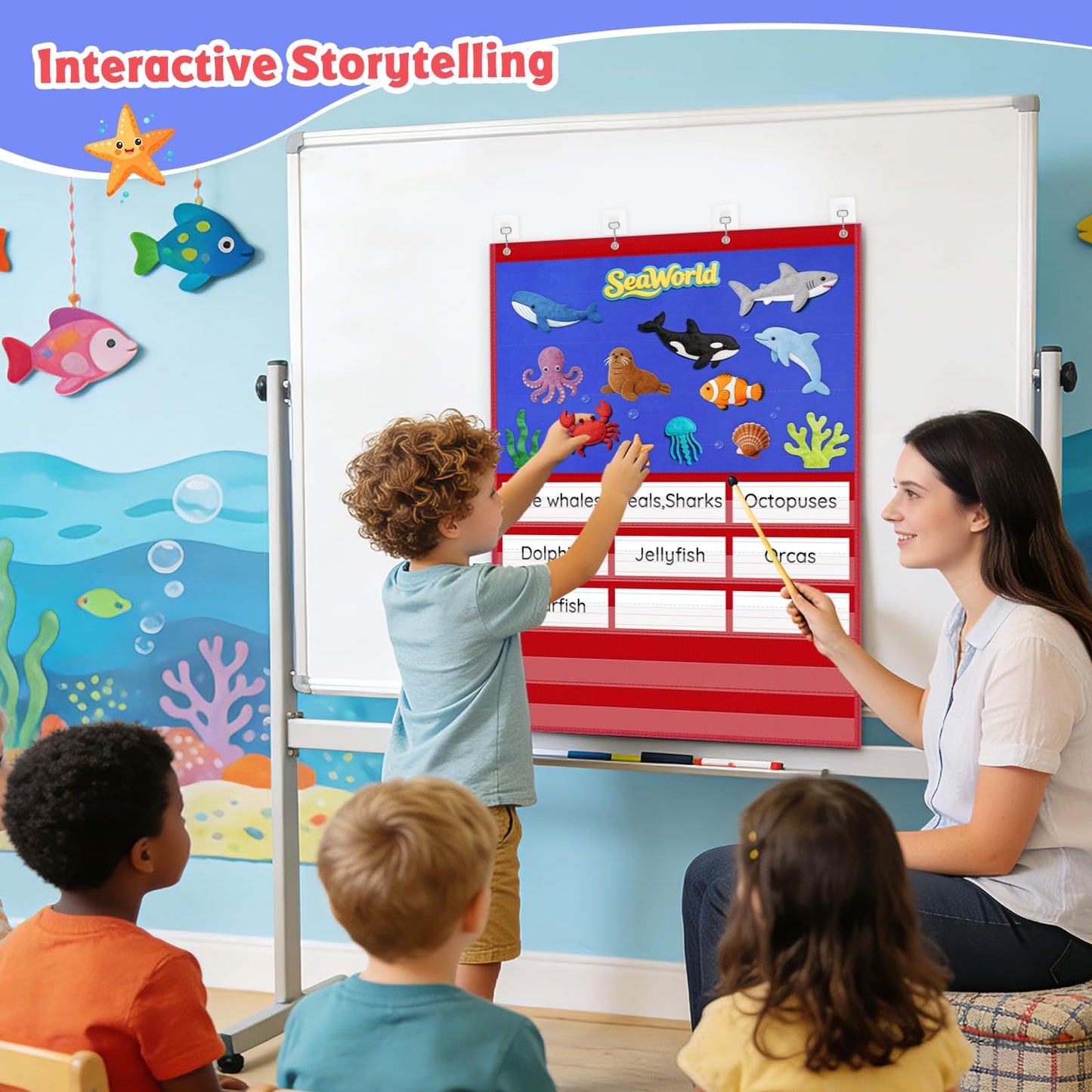 AUVCAS Felt Board for Wall – Classroom & Homeschool Pocket Chart, Flannel Board with 5 Clear Pockets & 4 Metal Grommets,Includes 15 Dry Erase Sentence Strips & 54 Adhesive Dots,37.5" x 27.8"