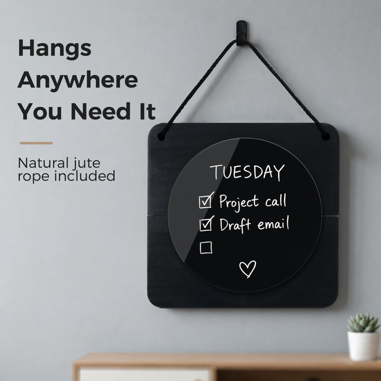TOWON Glass Desktop Whiteboard with Solid Wood Stand - Foldable Mini Dry Erase Board for Desk - 2-in-1 Tabletop & Hanging Memo Board for Office Decor, Magnetic, Black and Round