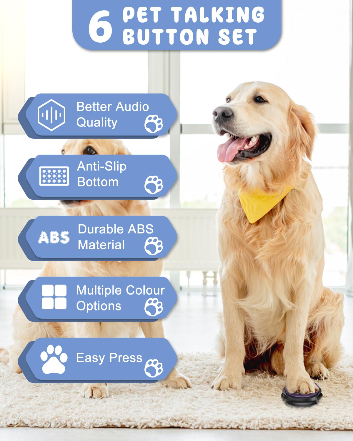 Acools Dog Buttons for Communication, 6 Pcs Dog Talking Button Set, 30s Voice Recordable Pet Training Buzzer, Speaking Buttons for Cats & Dogs with Waterproof Dog Activity Mat and 24 Scene Stickers