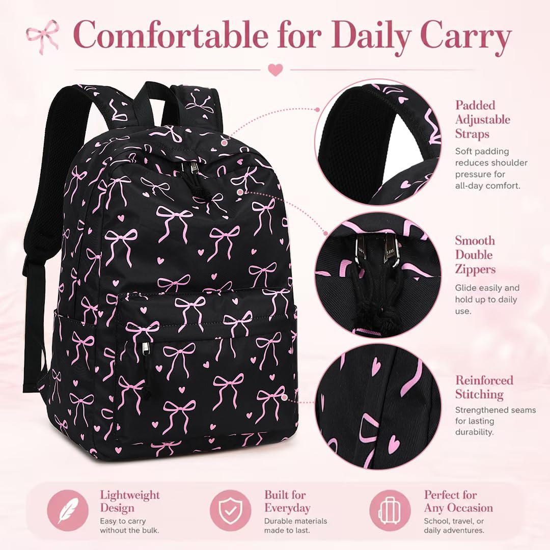 LOIDOU Backpack for Girls School Backpacks Bookbags for Elementary Middle School Women Laptop Backpacks (Bow tie Black, L-17)