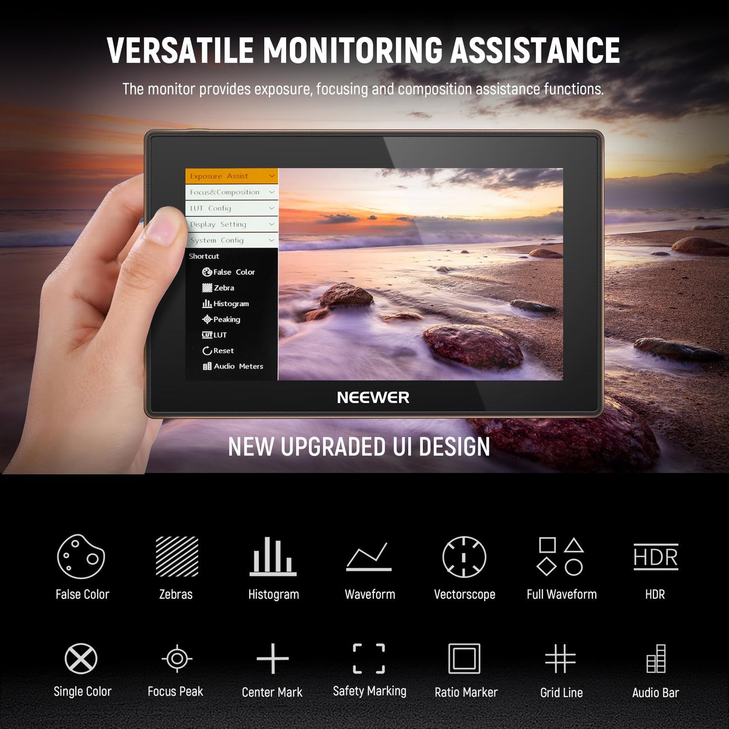 NEEWER 5.5" Camera Field Monitor, 2000nit HD 1920x1080 IPS Touch Screen, 4K HDMI Loop in/Out with 3D LUT Peak Focus DSLR Video Assist HDR Waveform, 5200mAh F750 Battery, DC7-24V/Type C 5V In, F500 PRO