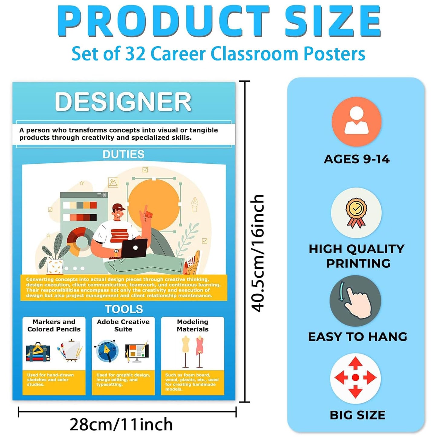 Inkspire 32pcs Career Posters for Classroom Decorations,16''x11''Educational Community Helpers Poster for Teachers High School Middle School Supplies Education Classroom Bulletin Board Wall Decor