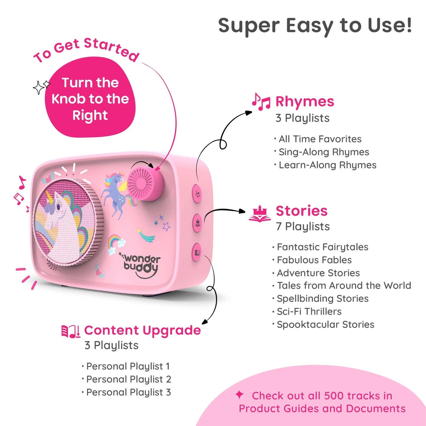 WonderBuddy Kids Story Box Audio Player, 500+ Preloaded Stories & Rhymes with Storybook DIY Art Kit, Voice Recorder, Content Upgrade, Bluetooth, Birthday Gift for Girls 3+ Years- Unicorn