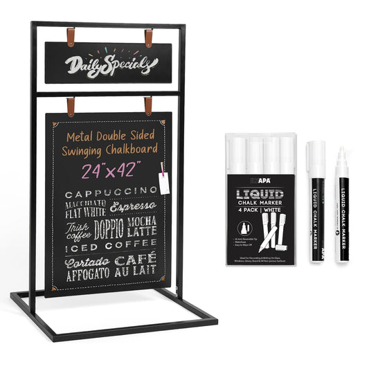 Ilyapa Metal Double Sided 24x42 Swinging Chalkboard Sign Bundle with Erasable 4-Pack White Liquid Chalk Markers - Magnetic A-Frame Sidewalk Menu Board for Restaurants & Businesses