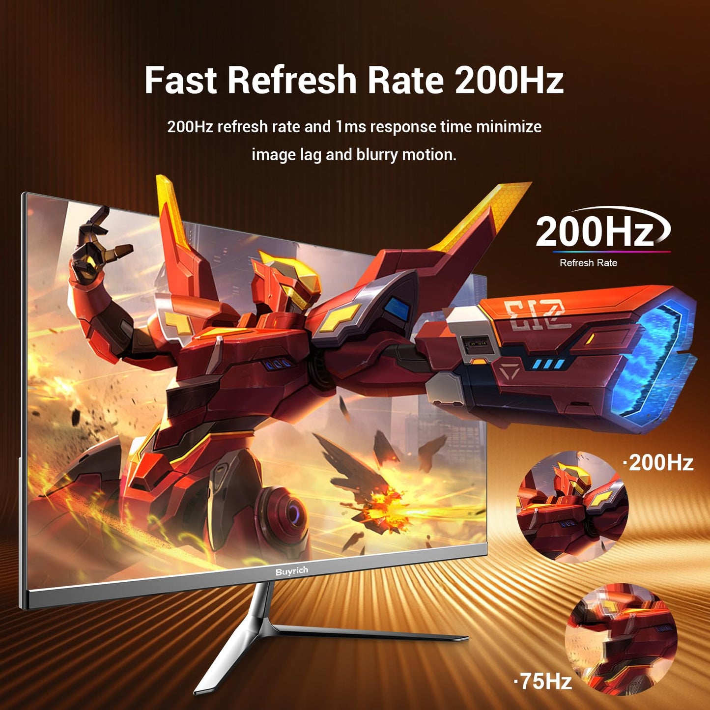 BUYRICH 24.5 Inch Gaming Monitor, 200Hz Refresh Rate, FHD 1920x1080, Fast Response Time, Built-in Speakers, Metal Stand, VESA Compatible, for PC Gamers and Home Setup