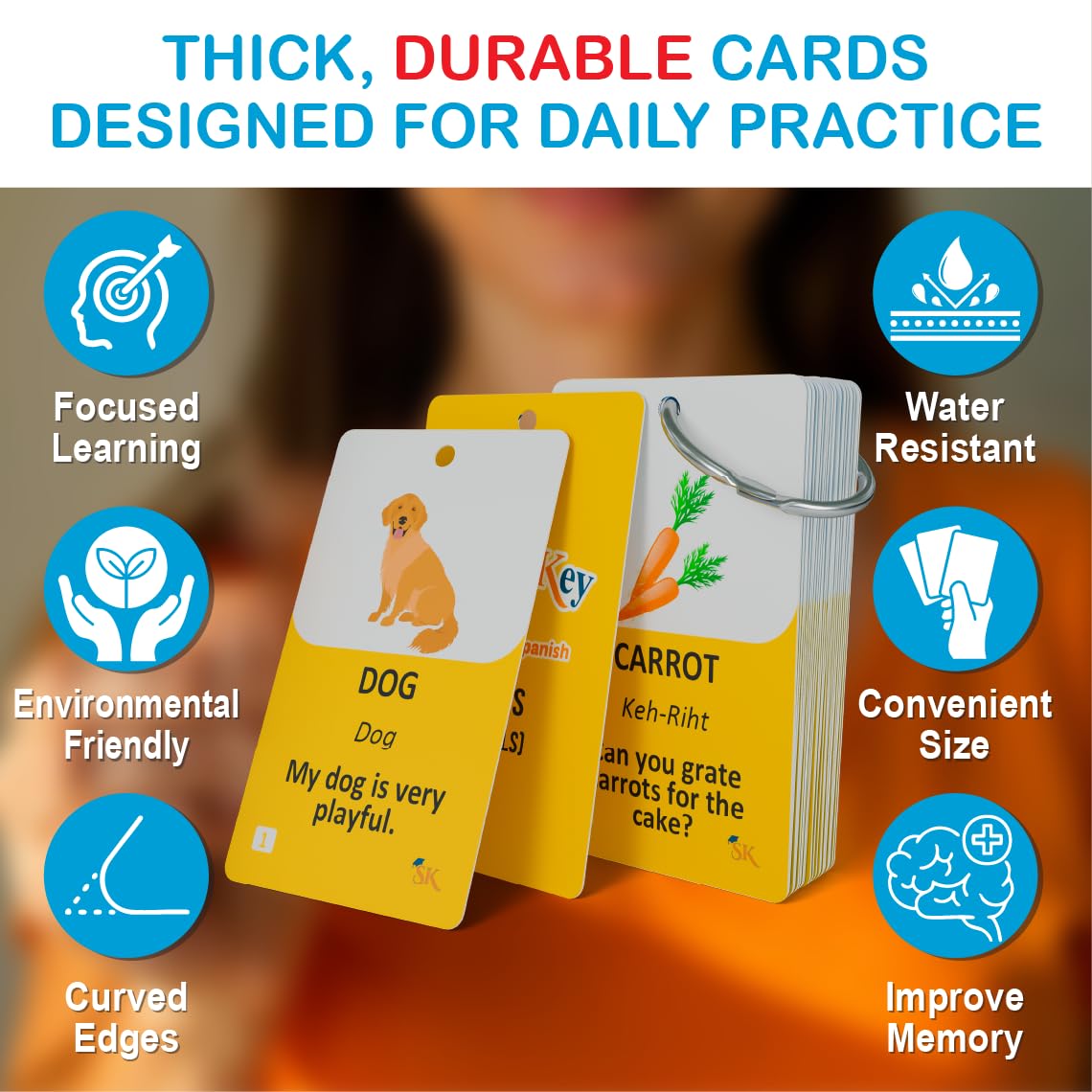 300 Bilingual English Spanish Flash Cards for Adults & Kids Ages 12+ Beginners - Noun Vocabulary with Pictures, Pronunciation, Sentences, Adult Self Study & Learn Spanish Workbooks for Adults