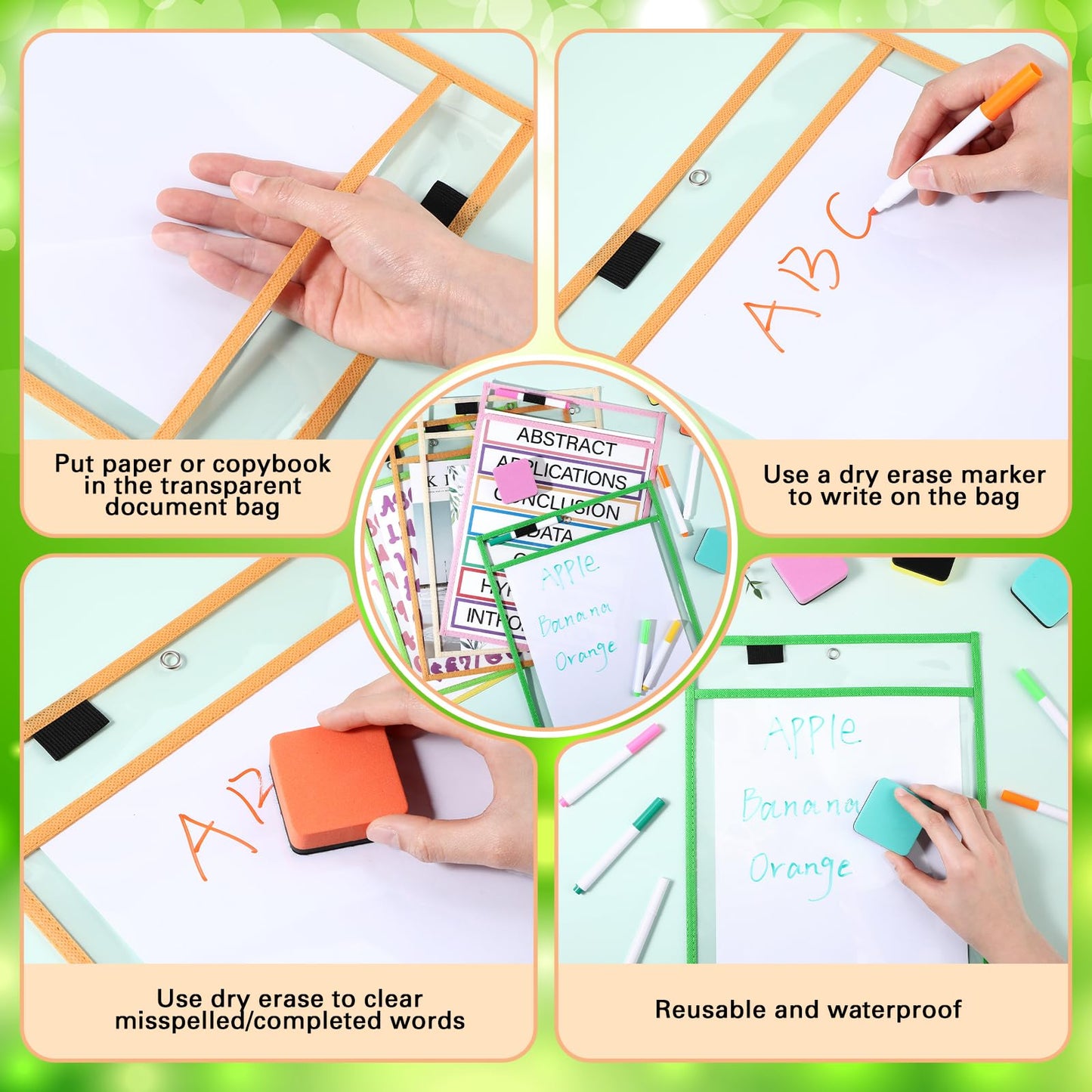 Watersay 24 Pcs Dry Erase Pocket Reusable Sleeves 10" x 14" Clear Plastic Sheet Protectors with Markers and Mini Dry Erasers for Paper(Modern Boho)