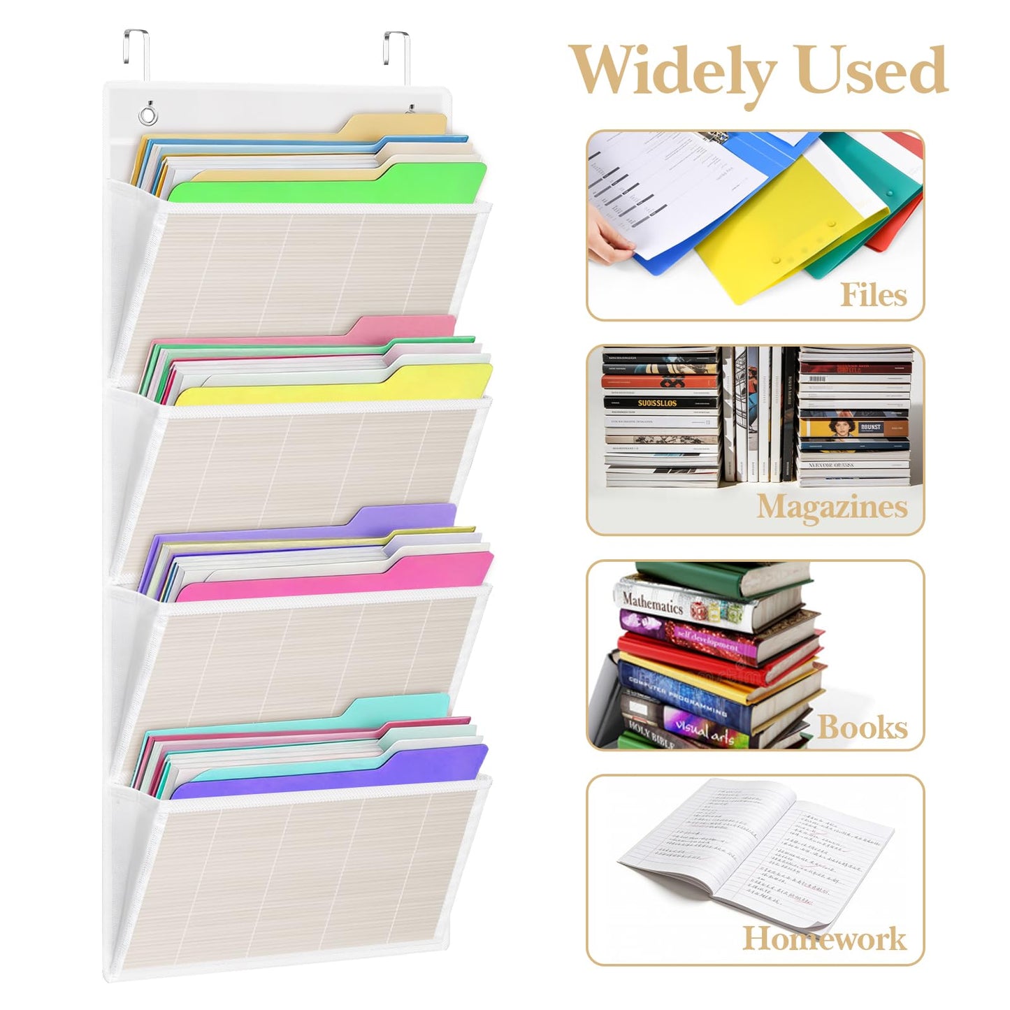 homyfort hanging wall file organizer, Over the door file folder organizer with 4 Large Bamboo Pockets, Suitable for Home, Office, Back to School Supplies Storage and Organization (White)