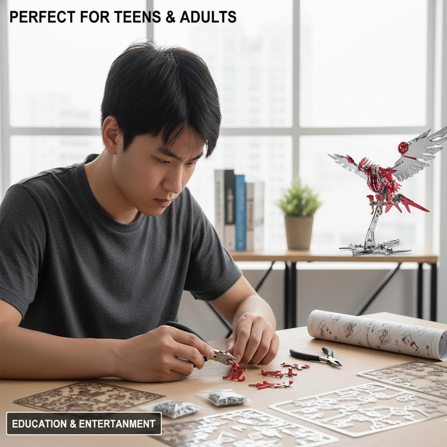 Eagle 3D Metal Puzzles for Adults, 279 PCS Stainless Steel DIY Mechanical Metal Model Kits, No Glue Assembly with Movable Joints, Challenging Metal Building Kit Desk Decor Gift (Silver Red Eagle)
