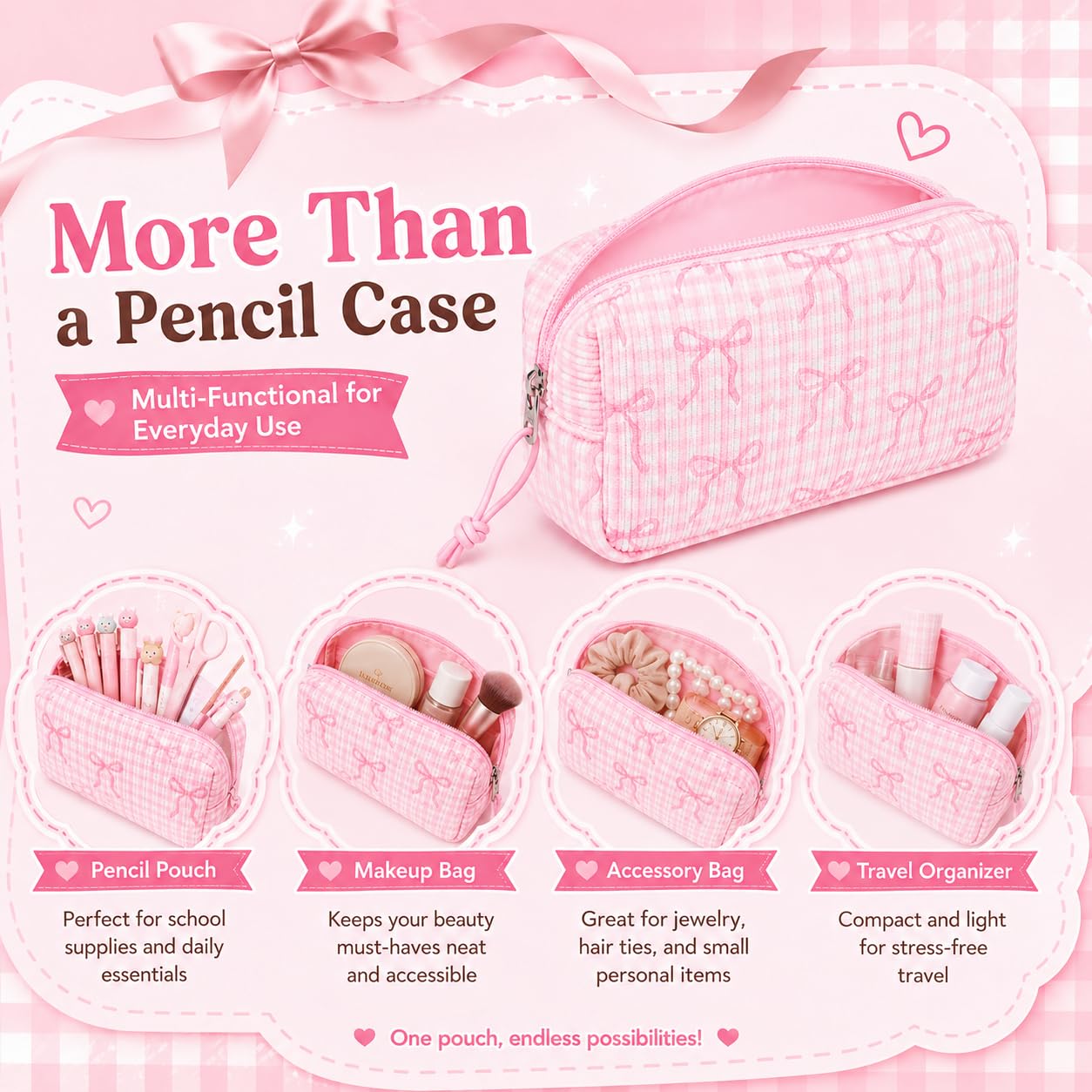 LEDAOU Cute Pencil Case for Kids Girls Boys Pencil Pouch kawaii Pen Pencil Box Bag Holder for School Students (Corduroy Pink Bow Checkered)