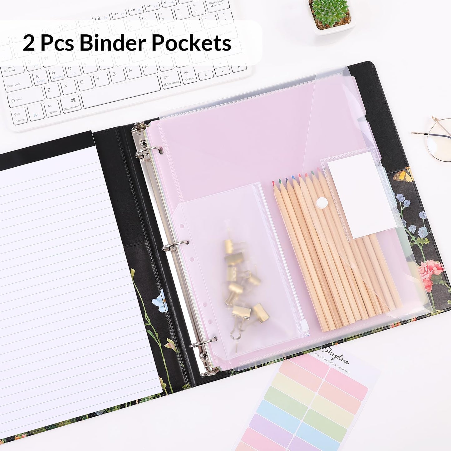 SKYDUE 1 Inch 3-Ring Binder with Clipboard, PU Aesthetic Binder with 5 Dividers, Notepad, Stickers & Pockets for Work and School (Letter Size)