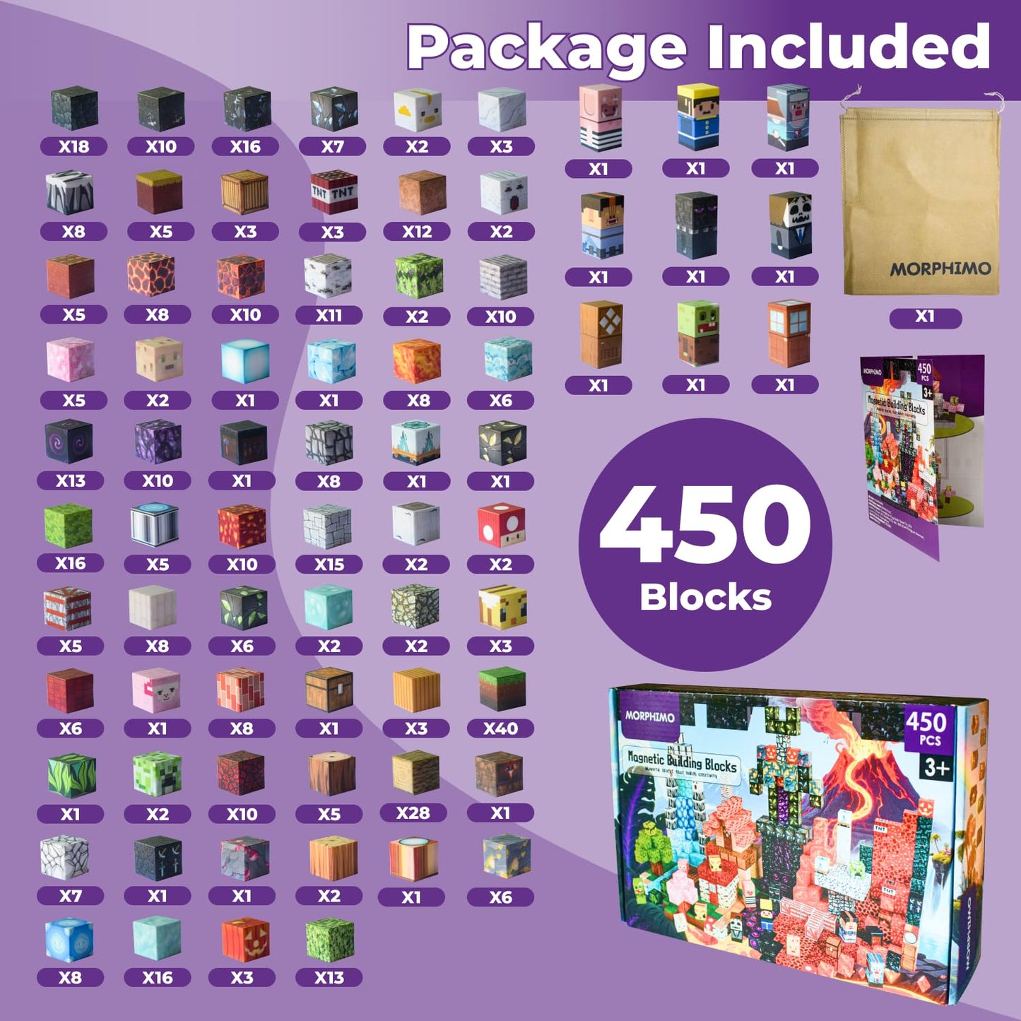 MORPHIMO 450 PCS Magnetic Building Blocks Set - Big STEM & Sensory Toy for Kids - Stacking Magnets - Instruction Book & Fabric Storage Bag - Shared Play Toy for Siblings & Friends